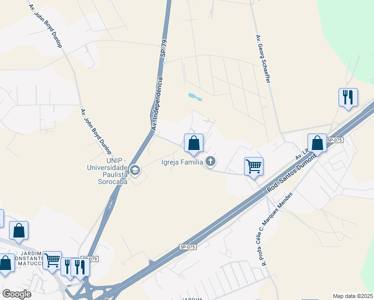 map of restaurants, bars, coffee shops, grocery stores, and more near 325 Avenida Hollingsworth in Sorocaba