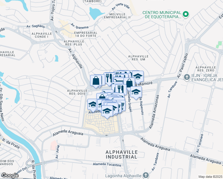 map of restaurants, bars, coffee shops, grocery stores, and more near 1477 Alameda Rio Negro in Barueri
