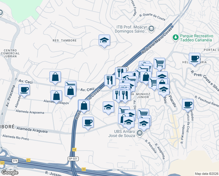 map of restaurants, bars, coffee shops, grocery stores, and more near 1649 Avenida Ceci in Barueri