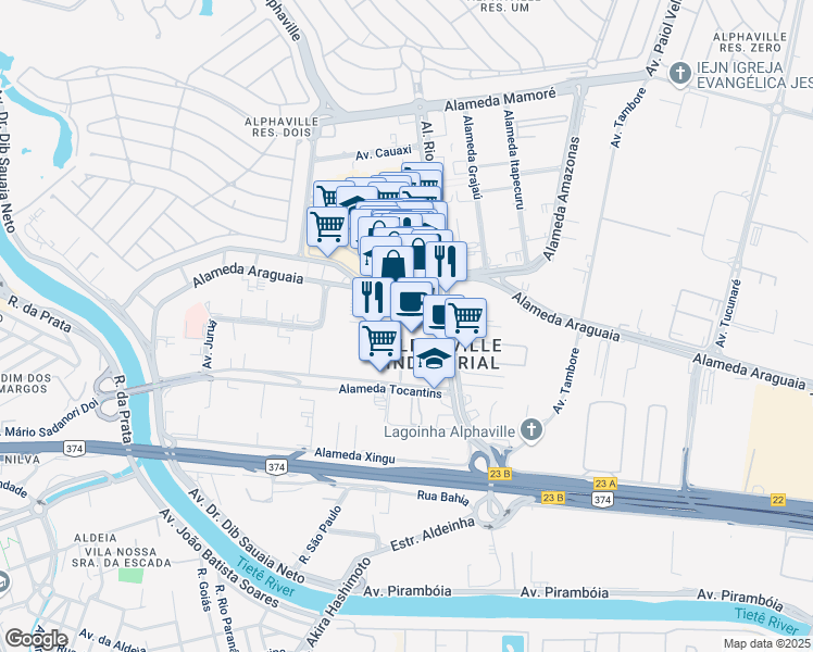 map of restaurants, bars, coffee shops, grocery stores, and more near 585 Alameda Rio Negro in Barueri