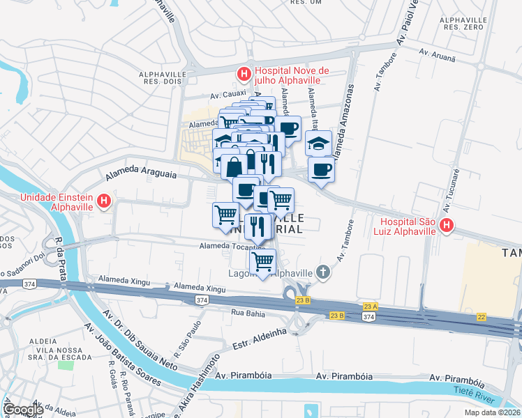 map of restaurants, bars, coffee shops, grocery stores, and more near 585 Alameda Rio Negro in Barueri
