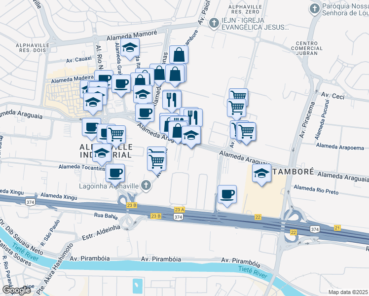 map of restaurants, bars, coffee shops, grocery stores, and more near 602 Alameda Araguaia in Barueri