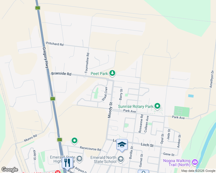 map of restaurants, bars, coffee shops, grocery stores, and more near 52 Staal Crescent in Emerald