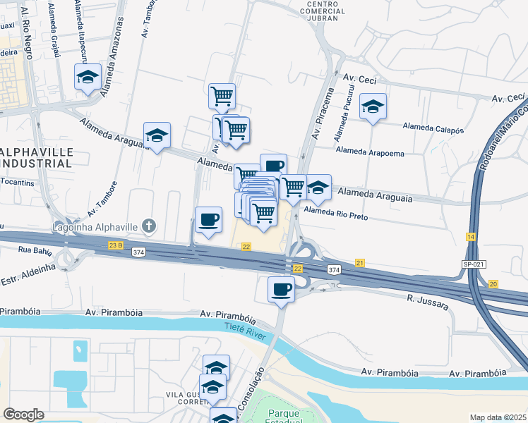 map of restaurants, bars, coffee shops, grocery stores, and more near 669 Avenida Piracema in Barueri