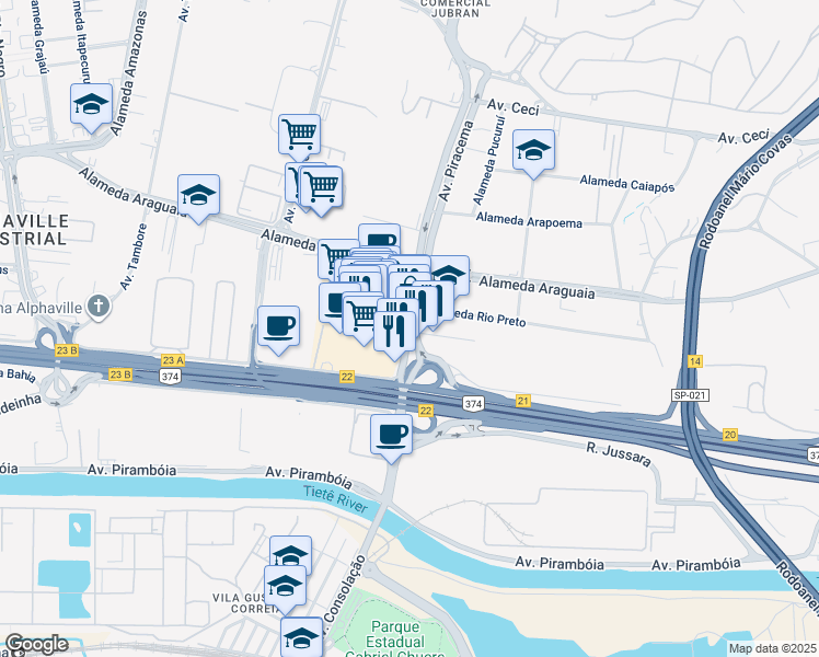 map of restaurants, bars, coffee shops, grocery stores, and more near 669 Avenida Piracema in Barueri