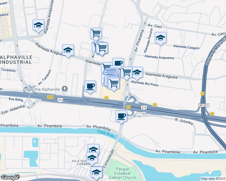 map of restaurants, bars, coffee shops, grocery stores, and more near 669 Avenida Piracema in Barueri