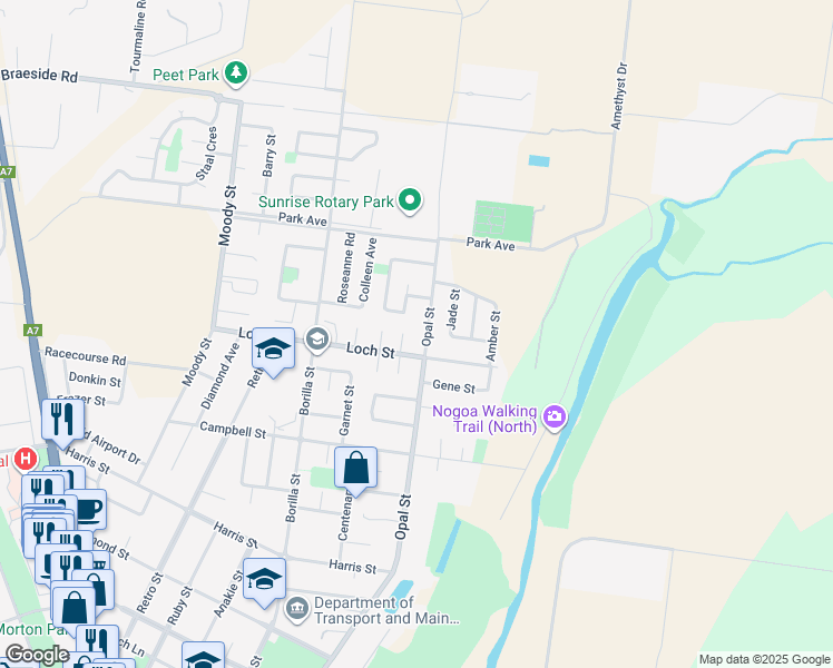 map of restaurants, bars, coffee shops, grocery stores, and more near 143 Opal Street in Emerald