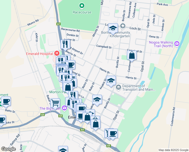 map of restaurants, bars, coffee shops, grocery stores, and more near 97 Ruby Street in Emerald