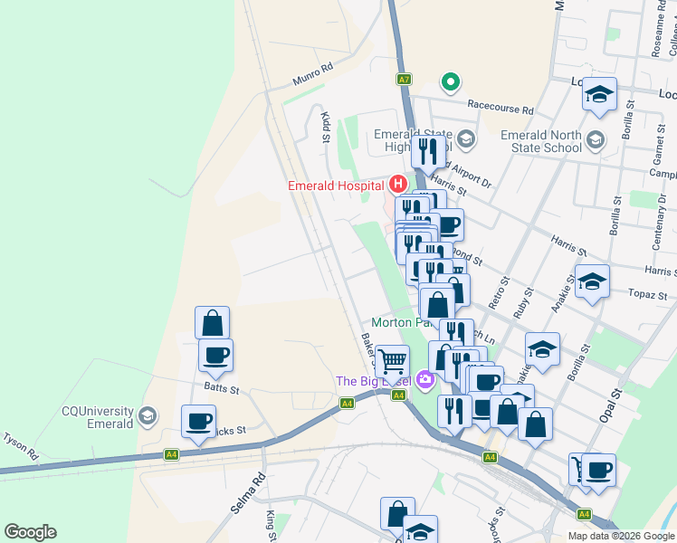 map of restaurants, bars, coffee shops, grocery stores, and more near 35 Baker Street in Emerald