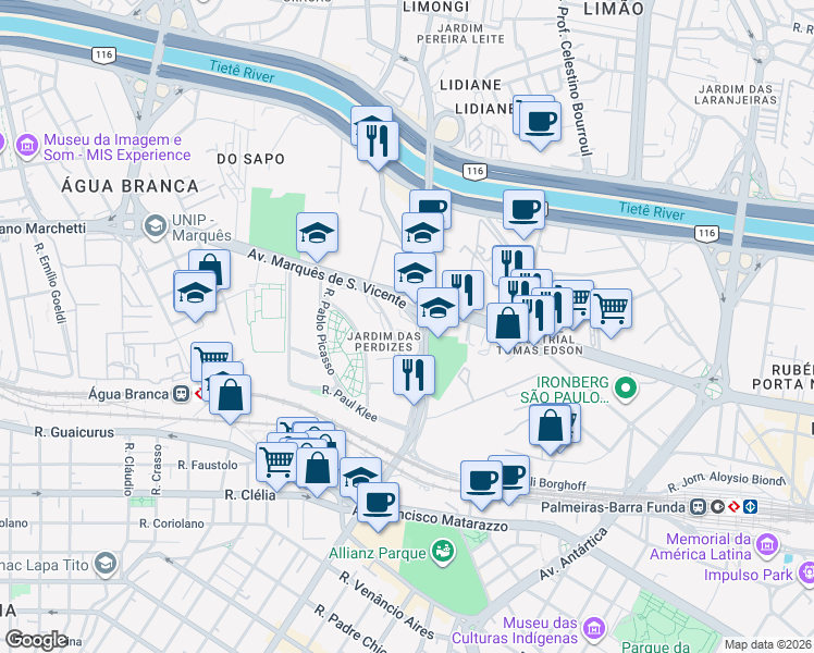 map of restaurants, bars, coffee shops, grocery stores, and more near Avenida Marquês de São Vicente in São Paulo