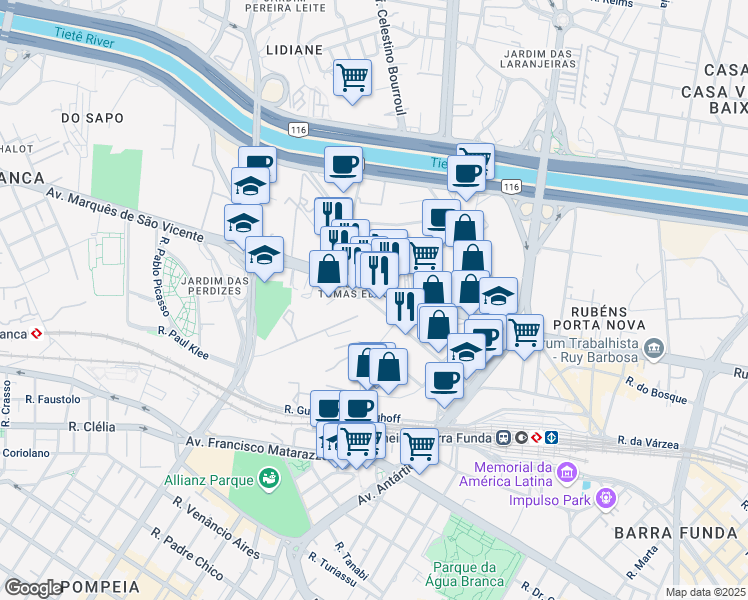 map of restaurants, bars, coffee shops, grocery stores, and more near 45 Rua Robert Bosch in São Paulo