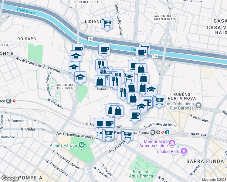 map of restaurants, bars, coffee shops, grocery stores, and more near 45 Rua Robert Bosch in São Paulo