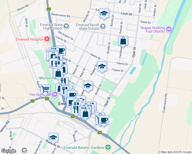 map of restaurants, bars, coffee shops, grocery stores, and more near 66 Esmond Street in Emerald