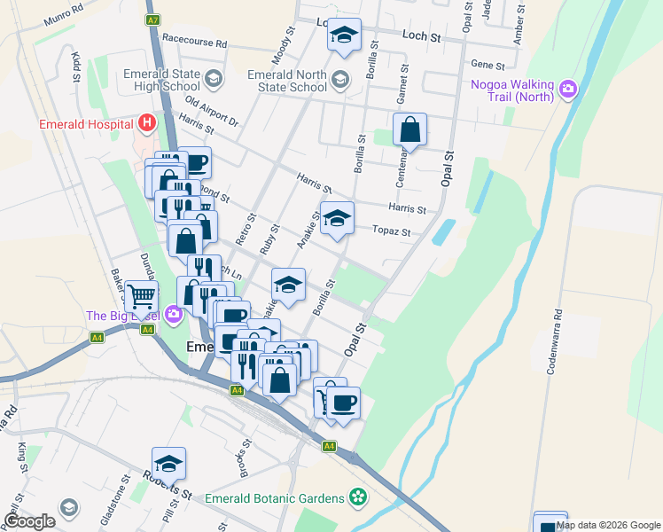 map of restaurants, bars, coffee shops, grocery stores, and more near 89 Borilla Street in Emerald