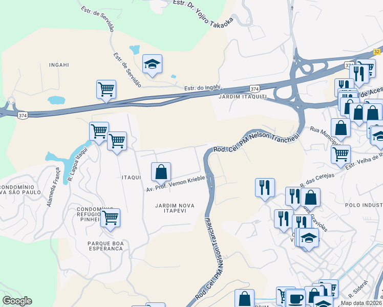 map of restaurants, bars, coffee shops, grocery stores, and more near 1100 Avenida Portugal in Itapevi