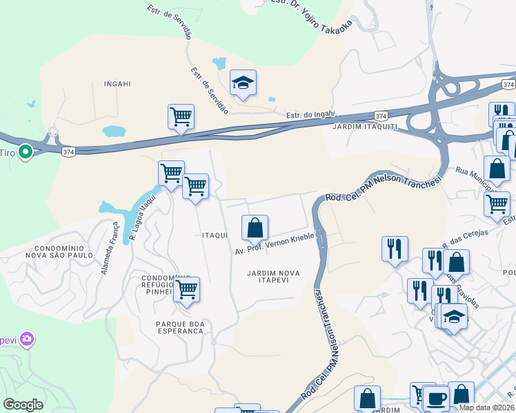 map of restaurants, bars, coffee shops, grocery stores, and more near 1100 Avenida Portugal in Itapevi