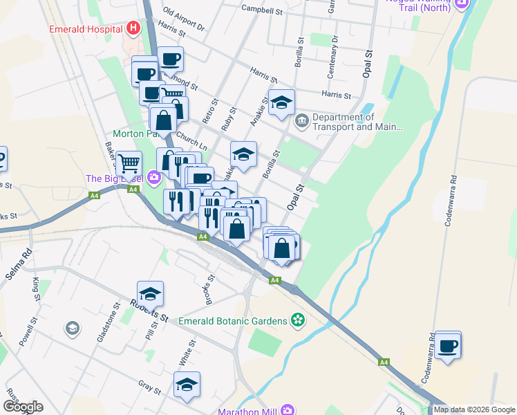 map of restaurants, bars, coffee shops, grocery stores, and more near 56 Borilla Street in Emerald