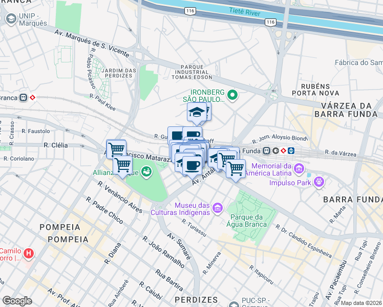 map of restaurants, bars, coffee shops, grocery stores, and more near 1350 Avenida Francisco Matarazzo in São Paulo