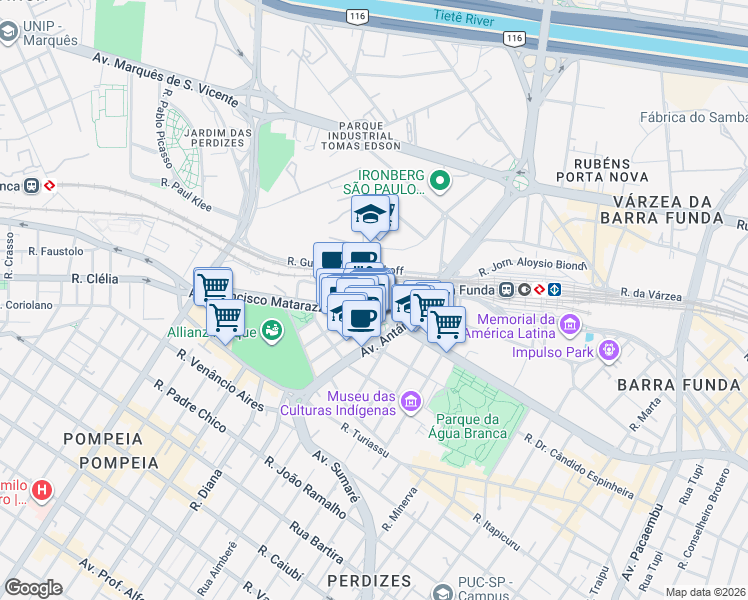 map of restaurants, bars, coffee shops, grocery stores, and more near 1350 Avenida Francisco Matarazzo in São Paulo
