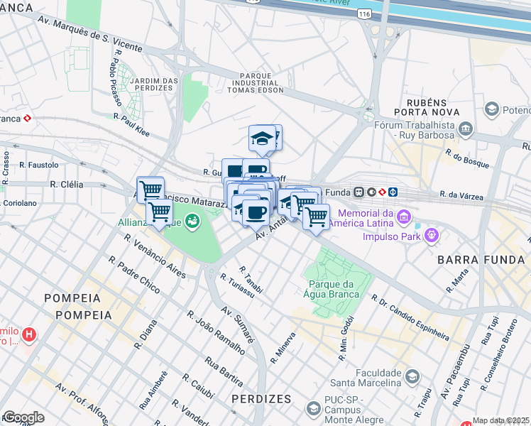 map of restaurants, bars, coffee shops, grocery stores, and more near 408 Avenida Antártica in São Paulo