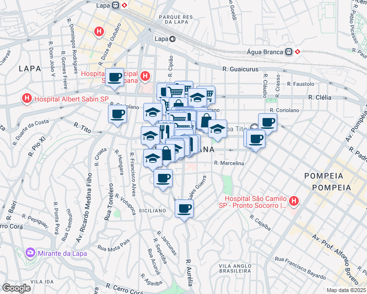 map of restaurants, bars, coffee shops, grocery stores, and more near 802 Rua Aurélia in São Paulo