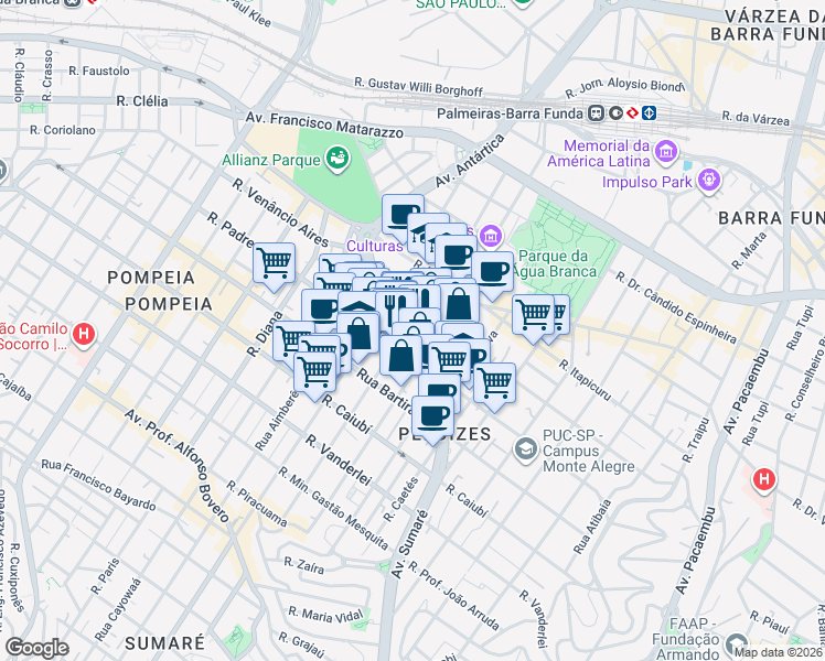 map of restaurants, bars, coffee shops, grocery stores, and more near 85 Rua Apiacás in São Paulo