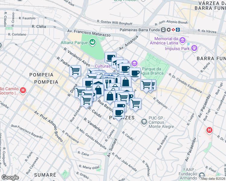map of restaurants, bars, coffee shops, grocery stores, and more near 85 Rua Apiacás in São Paulo