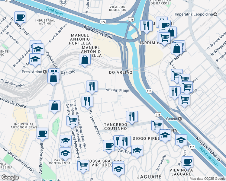 map of restaurants, bars, coffee shops, grocery stores, and more near 2299 Avenida Engenheiro Billings in São Paulo