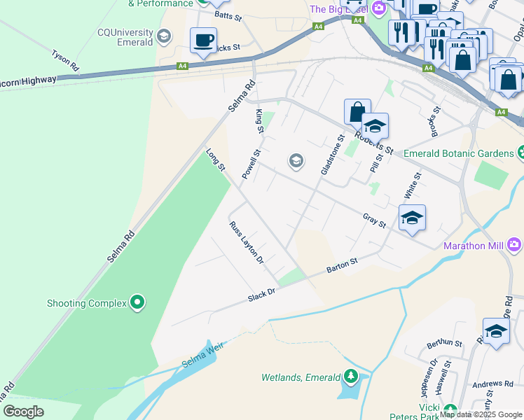 map of restaurants, bars, coffee shops, grocery stores, and more near 56 Long Street in Emerald