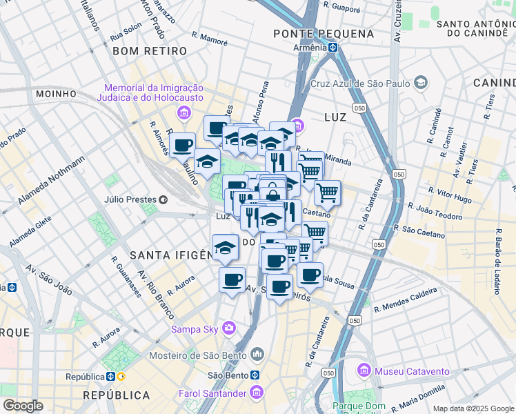 map of restaurants, bars, coffee shops, grocery stores, and more near 2 Praça da Luz in São Paulo