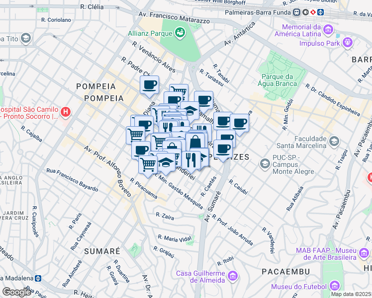 map of restaurants, bars, coffee shops, grocery stores, and more near Rua Apiacás in São Paulo