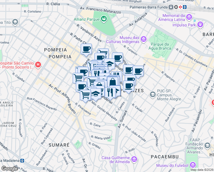 map of restaurants, bars, coffee shops, grocery stores, and more near Rua Apiacás in São Paulo