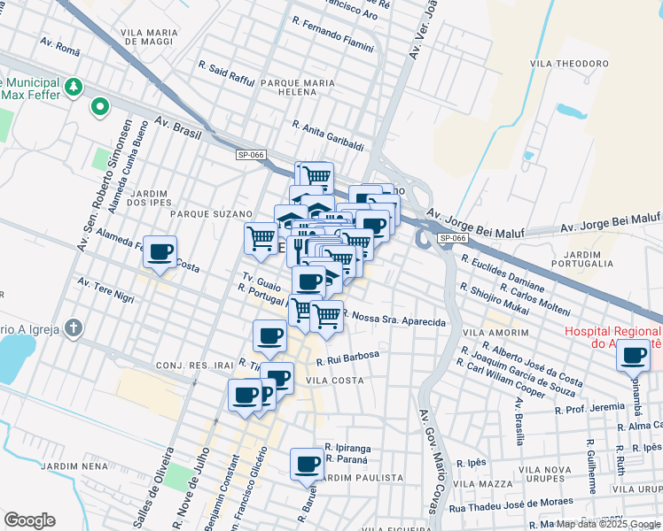 map of restaurants, bars, coffee shops, grocery stores, and more near in Suzano