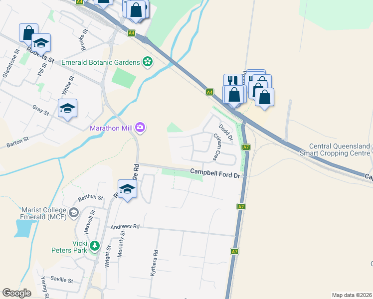 map of restaurants, bars, coffee shops, grocery stores, and more near 2 Ibell Street in Emerald