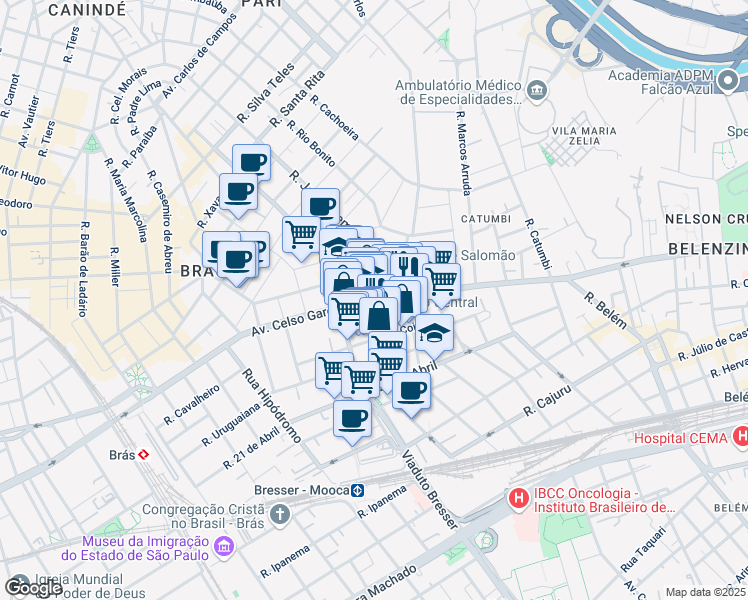 map of restaurants, bars, coffee shops, grocery stores, and more near 605 Avenida Celso Garcia in São Paulo
