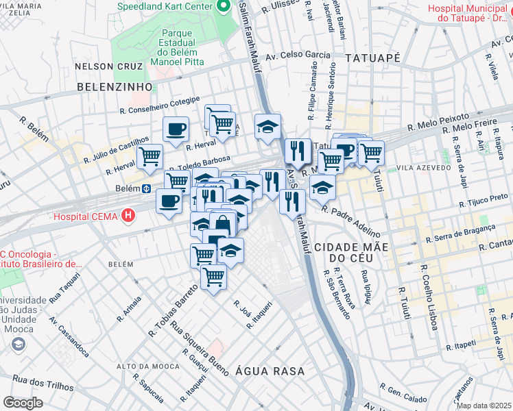 map of restaurants, bars, coffee shops, grocery stores, and more near Rua Uriel Gaspar in São Paulo
