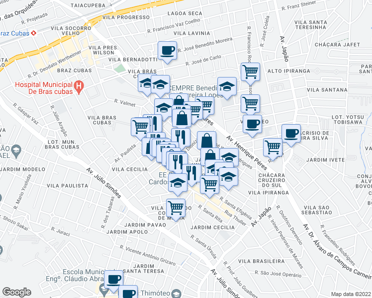 map of restaurants, bars, coffee shops, grocery stores, and more near 180 Rua Santa Dionízia in Mogi das Cruzes