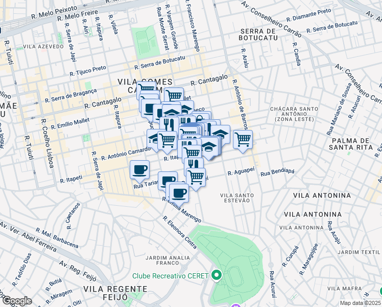 map of restaurants, bars, coffee shops, grocery stores, and more near 1377 Rua Monte Serrat in São Paulo