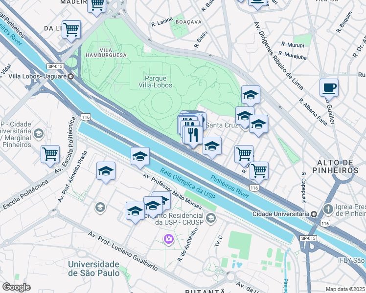 map of restaurants, bars, coffee shops, grocery stores, and more near 782 Avenida das Nações Unidas in São Paulo