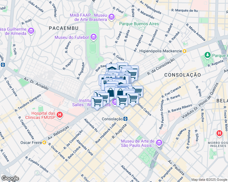 map of restaurants, bars, coffee shops, grocery stores, and more near 2529 Avenida Angélica in São Paulo