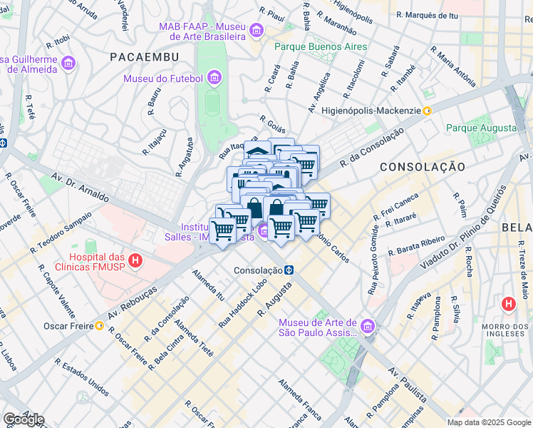 map of restaurants, bars, coffee shops, grocery stores, and more near 2529 Avenida Angélica in São Paulo