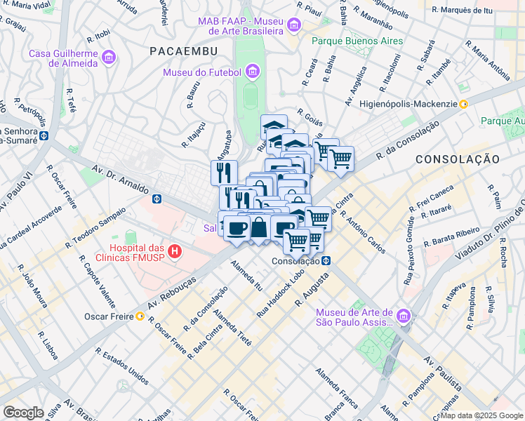map of restaurants, bars, coffee shops, grocery stores, and more near 332 Rua Minas Gerais in São Paulo