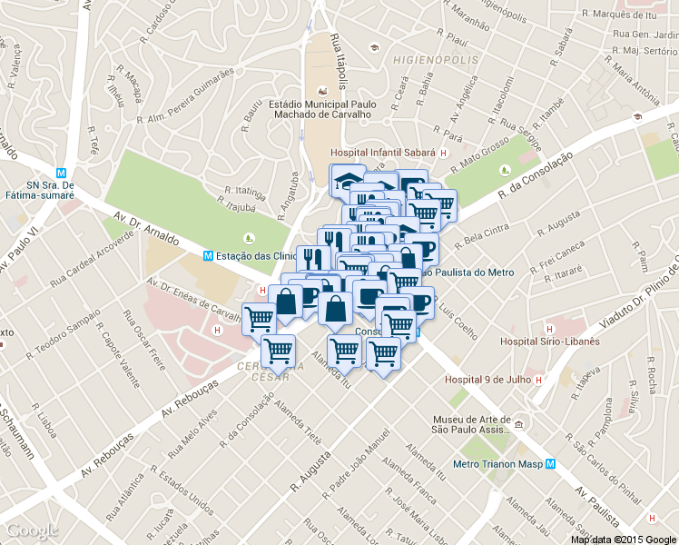 map of restaurants, bars, coffee shops, grocery stores, and more near 332 Rua Minas Gerais in São Paulo