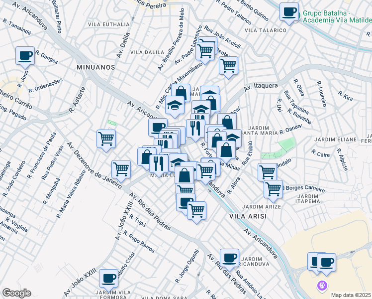 map of restaurants, bars, coffee shops, grocery stores, and more near 5555 Avenida Aricanduva in São Paulo
