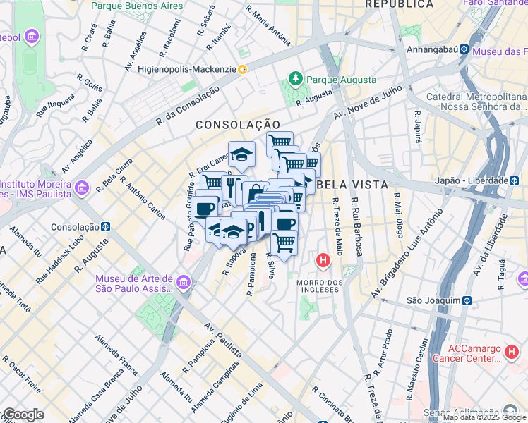 map of restaurants, bars, coffee shops, grocery stores, and more near 264 Rua Doutor Plínio Barreto in São Paulo