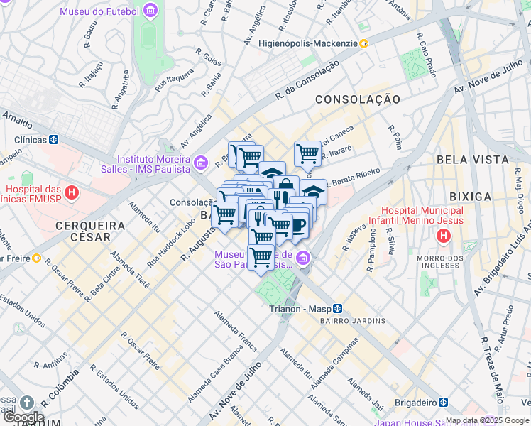 map of restaurants, bars, coffee shops, grocery stores, and more near 1355 Rua Frei Caneca in São Paulo
