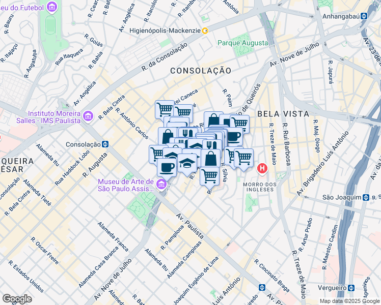 map of restaurants, bars, coffee shops, grocery stores, and more near 264 Rua Doutor Plínio Barreto in São Paulo