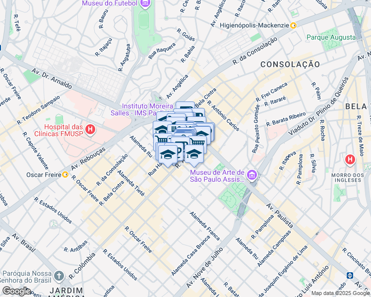 map of restaurants, bars, coffee shops, grocery stores, and more near 2223 Alameda Santos in São Paulo