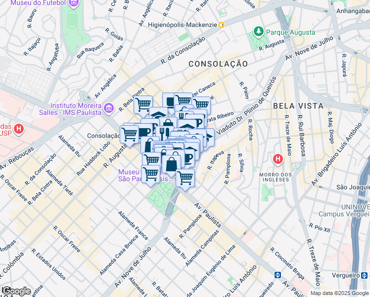 map of restaurants, bars, coffee shops, grocery stores, and more near 545 Rua Peixoto Gomide in São Paulo