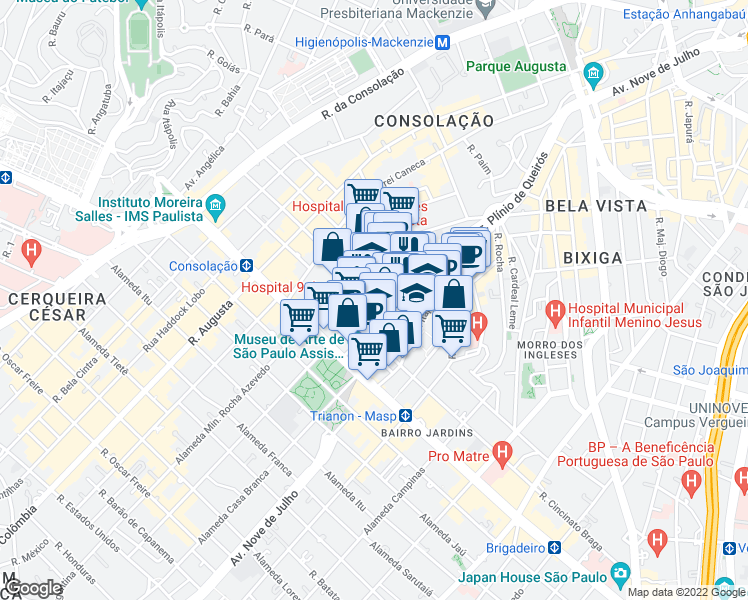 map of restaurants, bars, coffee shops, grocery stores, and more near 545 Rua Peixoto Gomide in São Paulo